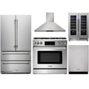 Thor Kitchen 5-Piece Appliance Package - 36-Inch Propane Gas Range, Tilt Panel, French Door Refrigerator, Wall Mount Hood, Dishwasher, and Wine Cooler in Stainless Steel