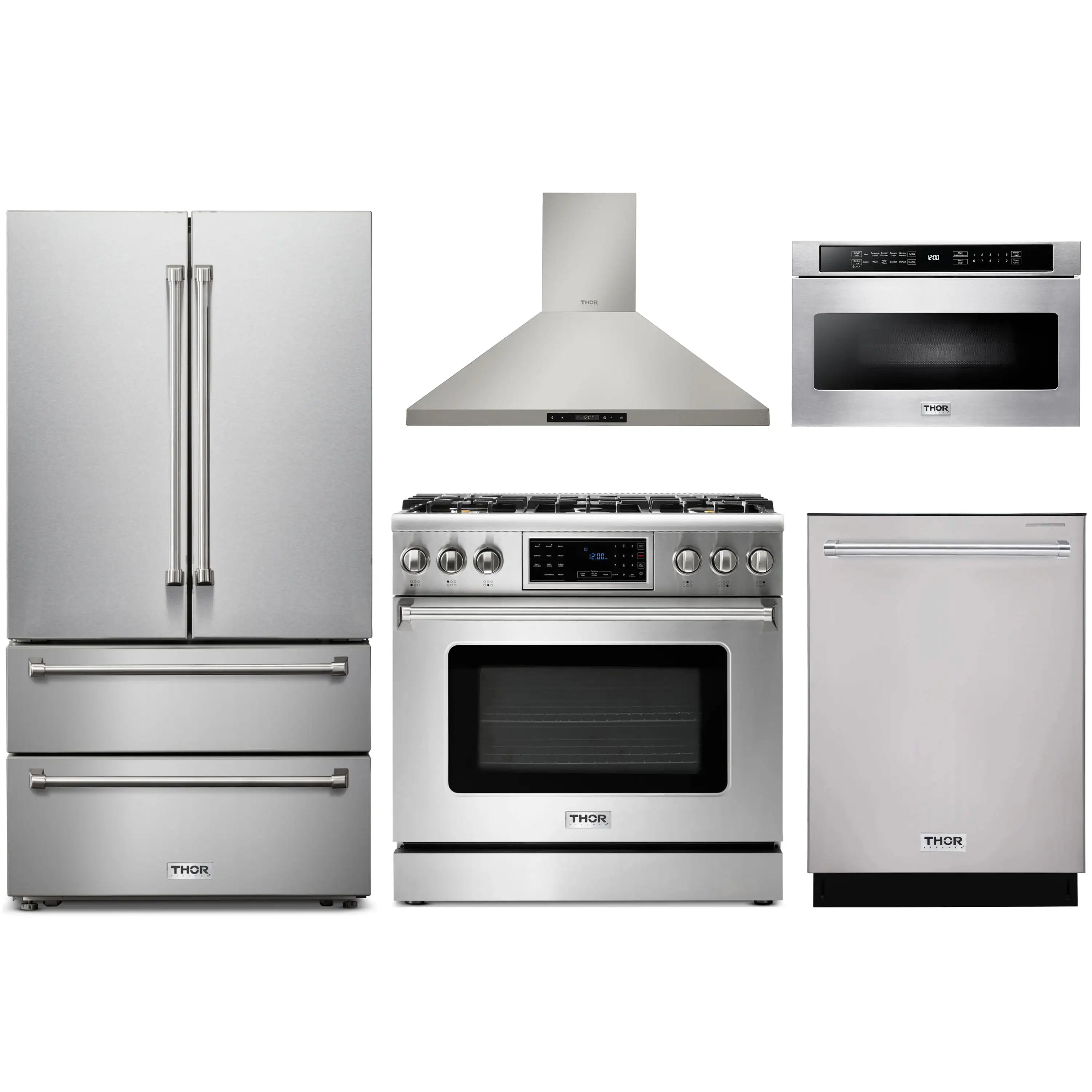 Stainless steel 5-piece kitchen appliance package with range, hood, fridge and dishwasher