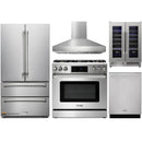Thor Kitchen 5-Piece Appliance Package - 36-Inch Propane Gas Range, Tilt Panel, French Door Refrigerator, Pro-Style Wall Mount Hood, Dishwasher, and Wine Cooler in Stainless Steel