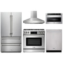 Thor Kitchen 5-Piece Appliance Package - 36-Inch Gas Range with Tilt Panel, French Door Refrigerator, Pro-Style Wall Mount Hood, Dishwasher, and Microwave Drawer in Stainless Steel
