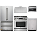 Thor Kitchen 5-Piece Appliance Package - 36-Inch Propane Gas Range, Tilt Panel, French Door Refrigerator, Under Cabinet Hood, Dishwasher, and Microwave Drawer in Stainless Steel
