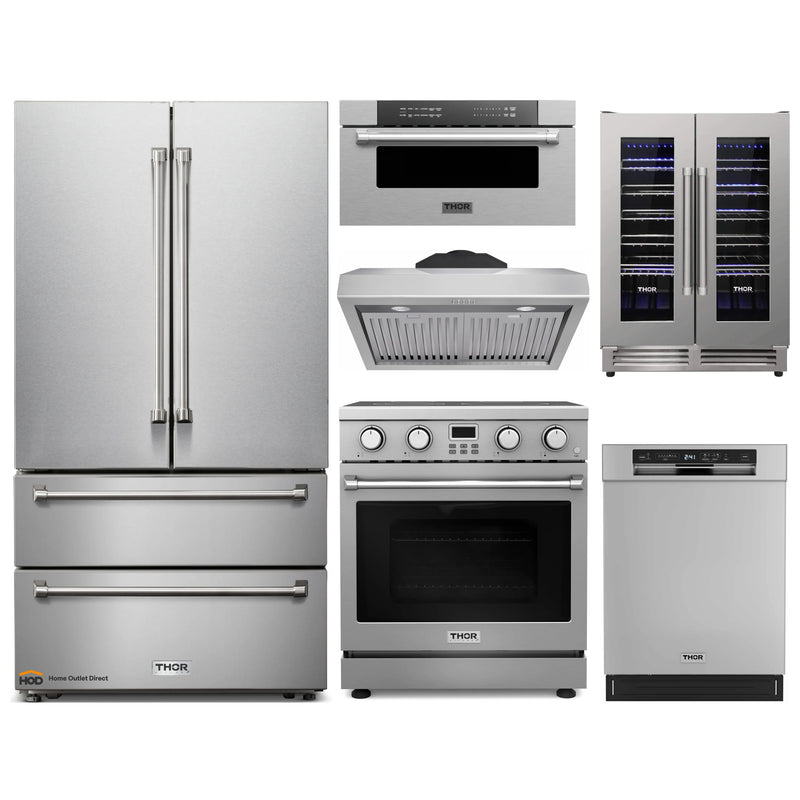 Thor Kitchen A-Series 6-Piece Appliance Package - 30-Inch Electric Range, Under Cabinet Range Hood, Refrigerator, Dishwasher, Microwave Drawer and Wine Cooler in Stainless Steel