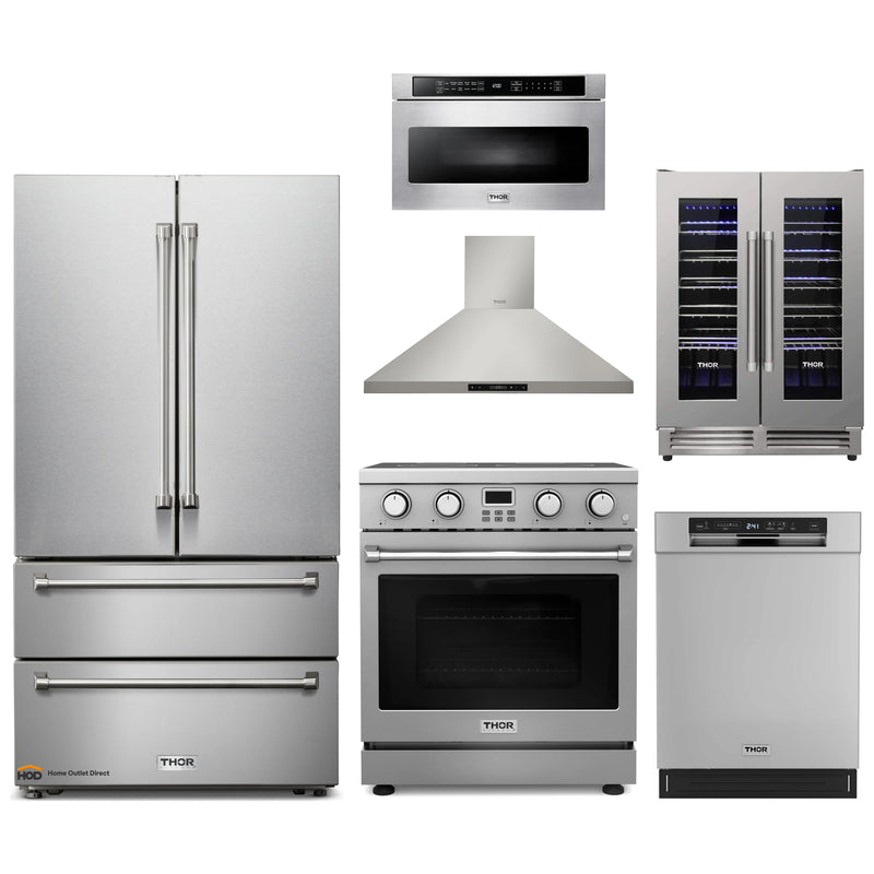 Thor Kitchen A-Series 6-Piece Appliance Package - 30-Inch Electric Range, Wall Mount Range Hood, Refrigerator, Dishwasher, Microwave, and Wine Cooler in Stainless Steel