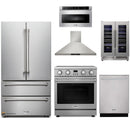Thor Kitchen A-Series 6-Piece Appliance Package - 30-Inch Electric Range, Wall Mount Range Hood, Refrigerator, Dishwasher, Microwave, and Wine Cooler in Stainless Steel