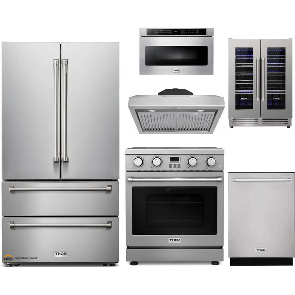 Thor Kitchen A-Series 6-Piece Appliance Package - 30-Inch Electric Range, Under Cabinet Range Hood, Refrigerator, Dishwasher, Microwave, and Wine Cooler in Stainless Steel