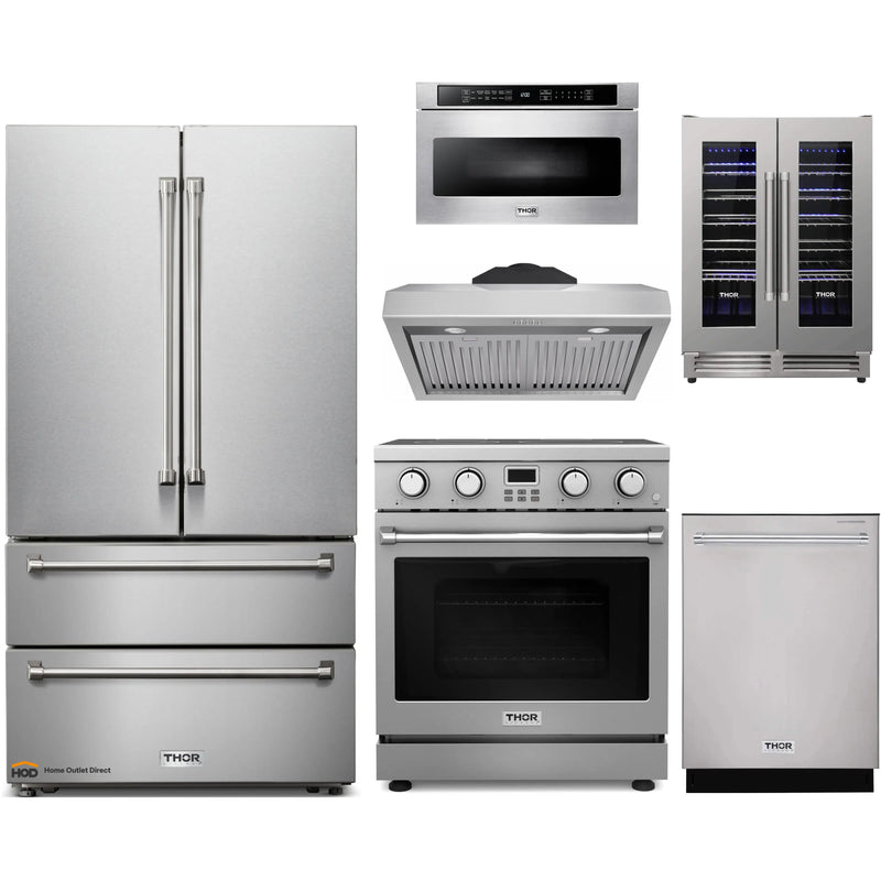 Thor Kitchen A-Series 6-Piece Appliance Package - 30-Inch Electric Range, Under Cabinet Range Hood, Refrigerator, Dishwasher, Microwave, and Wine Cooler in Stainless Steel