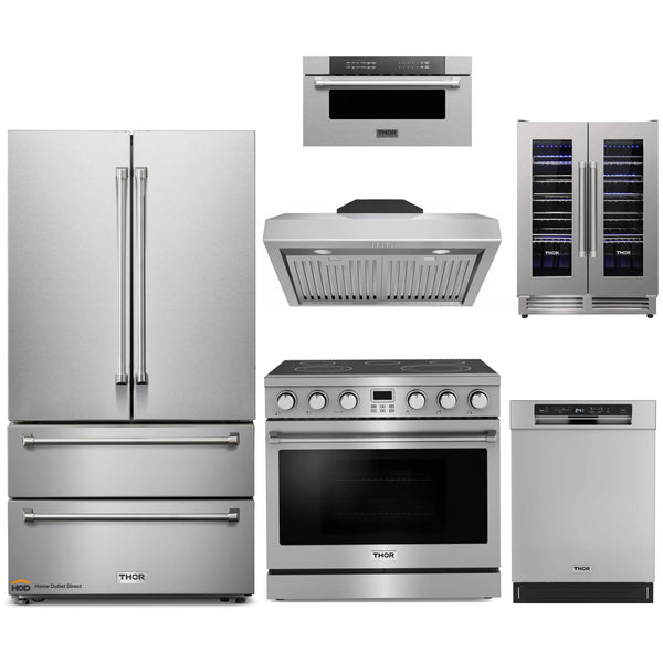 Thor Kitchen A-Series 6-Piece Appliance Package - 36-Inch Electric Range, Under Cabinet Range Hood, Refrigerator, Dishwasher, Microwave Drawer and Wine Cooler in Stainless Steel