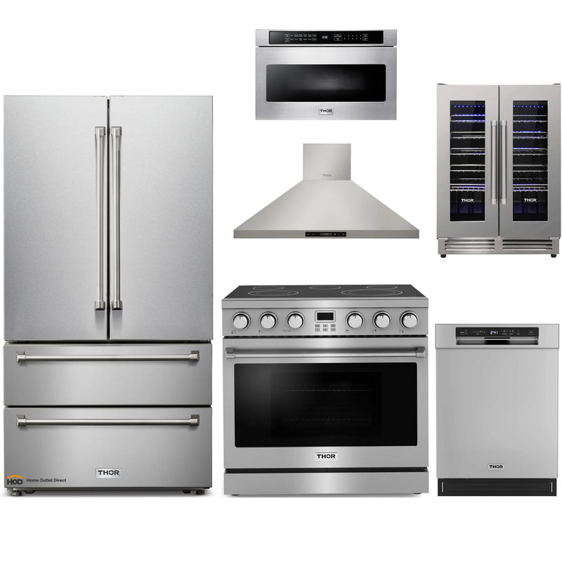 Thor Kitchen A-Series 6-Piece Appliance Package - 36-Inch Electric Range, Wall Mount Range Hood, Refrigerator, Dishwasher, Microwave, and Wine Cooler in Stainless Steel