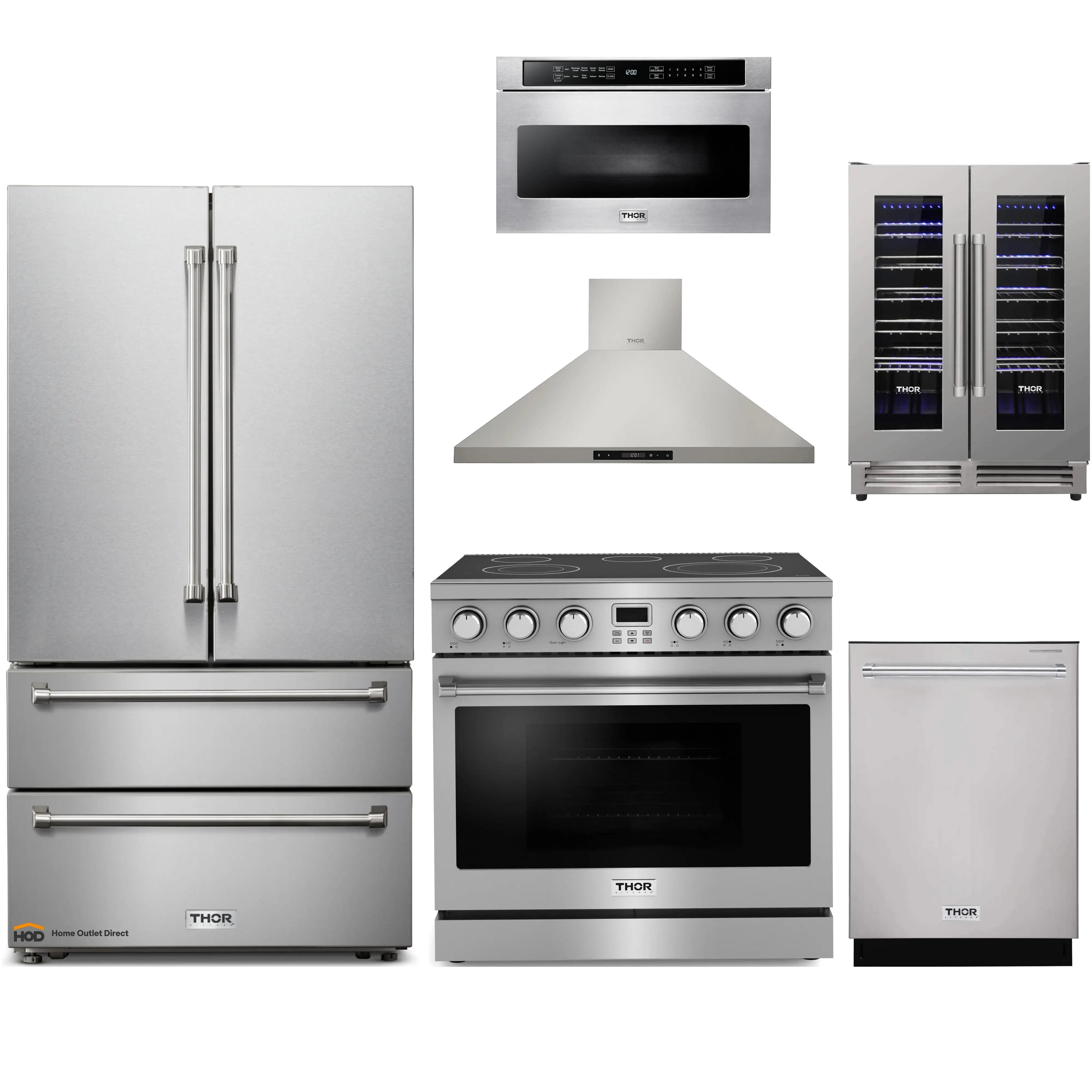 Thor Kitchen A-Series 6-Piece Appliance Package - 36-Inch Electric Range, Wall Mount Range Hood, Refrigerator, Dishwasher, Microwave, and Wine Cooler in Stainless Steel