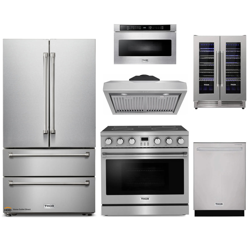 Thor Kitchen A-Series 6-Piece Appliance Package - 36-Inch Electric Range, Under Cabinet Range Hood, Refrigerator, Dishwasher, Microwave, and Wine Cooler in Stainless Steel