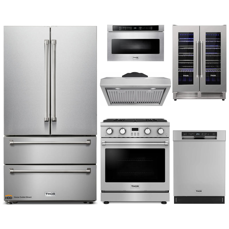 Thor Kitchen A-Series 6-Piece Appliance Package - 30-Inch Gas Range, Under Cabinet Range Hood, Refrigerator, Dishwasher, Microwave, and Wine Cooler in Stainless Steel