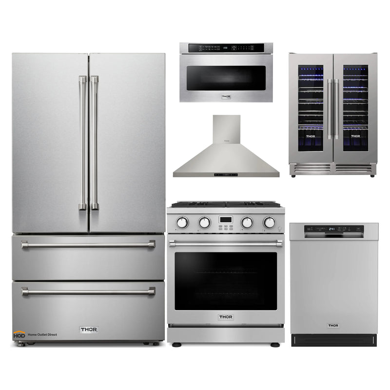 Thor Kitchen A-Series 6-Piece Appliance Package - 30-Inch Gas Range, Wall Mount Range Hood, Refrigerator, Dishwasher, Microwave, and Wine Cooler in Stainless Steel