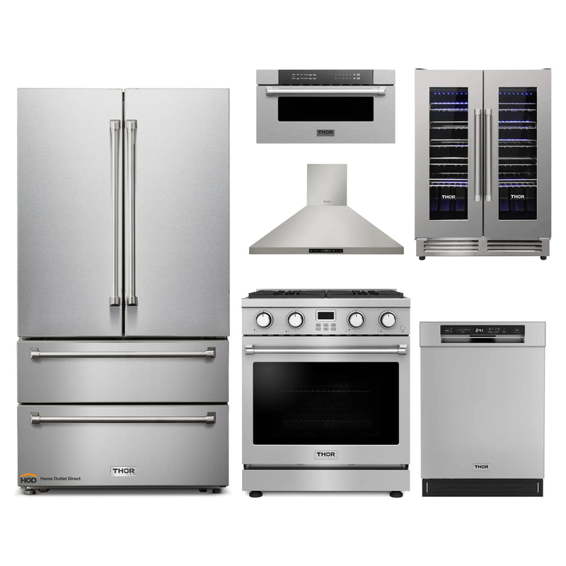 Thor Kitchen A-Series 6-Piece Appliance Package - 30-Inch Gas Range, Wall Mount Range Hood, Refrigerator, Dishwasher, Microwave Drawer and Wine Cooler in Stainless Steel