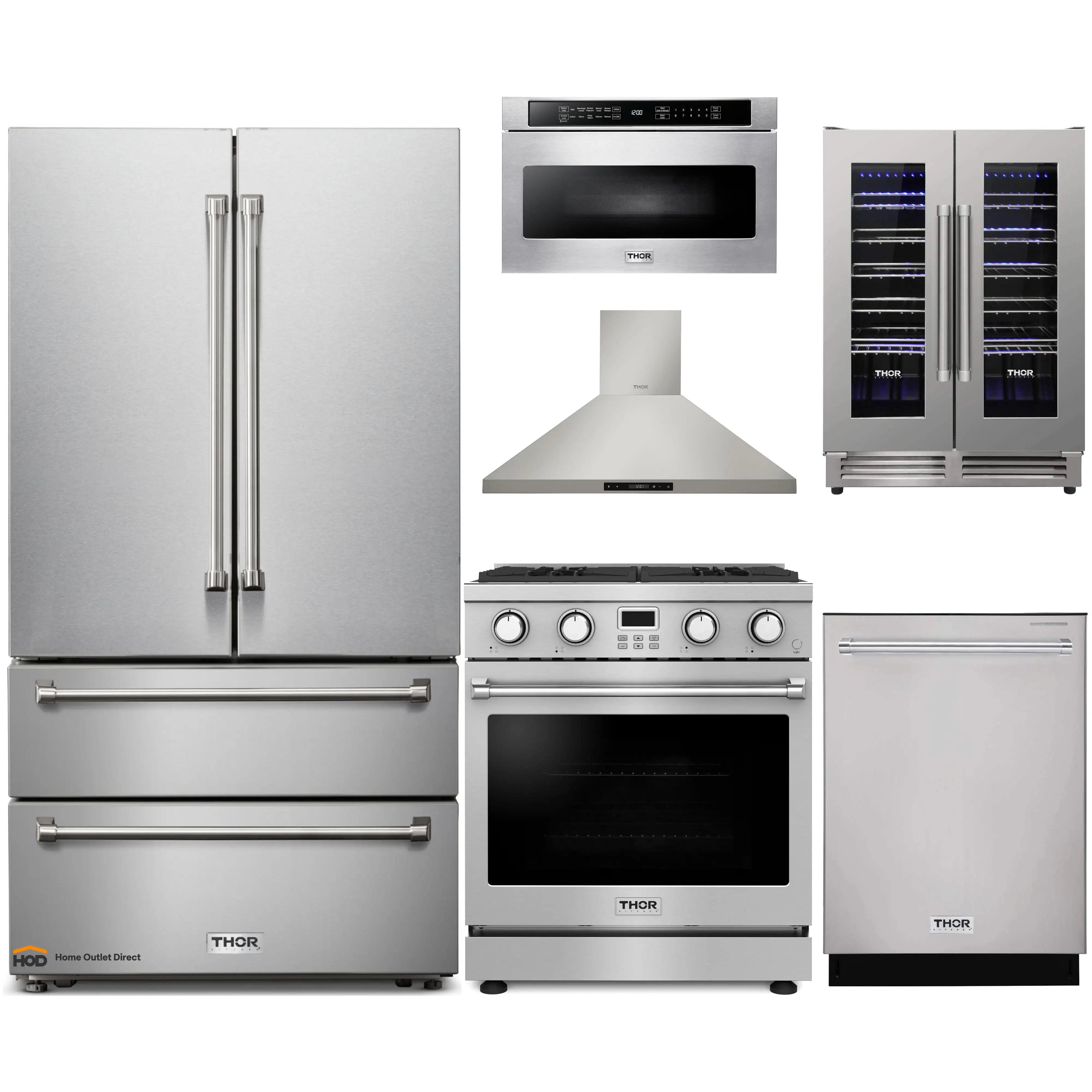 Thor Kitchen A-Series 6-Piece Appliance Package - 30-Inch Gas Range, Wall Mount Range Hood, Refrigerator, Dishwasher, Microwave, and Wine Cooler in Stainless Steel