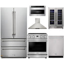Thor Kitchen A-Series 6-Piece Appliance Package - 30-Inch Propane Gas Range, Wall Mount Range Hood, Refrigerator, Dishwasher, Microwave, and Wine Cooler in Stainless Steel