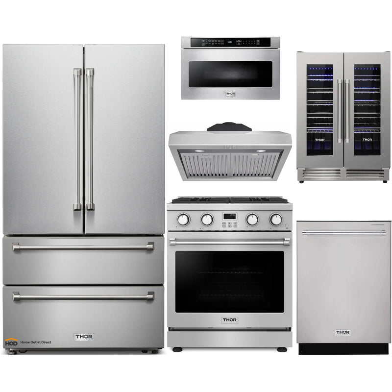 Thor Kitchen A-Series 6-Piece Appliance Package - 30-Inch Gas Range, Under Cabinet Range Hood, Refrigerator, Dishwasher, Microwave, and Wine Cooler in Stainless Steel