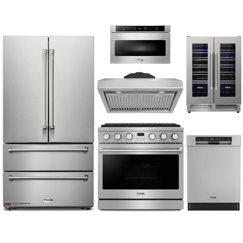 Thor Kitchen A-Series 6-Piece Appliance Package - 36-Inch Gas Range, Under Cabinet Range Hood, Refrigerator, Dishwasher, Microwave, and Wine Cooler in Stainless Steel