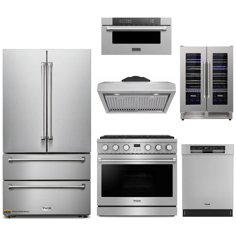 Thor Kitchen A-Series 6-Piece Appliance Package - 36-Inch Gas Range, Under Cabinet Range Hood, Refrigerator, Dishwasher, Microwave Drawer and Wine Cooler in Stainless Steel