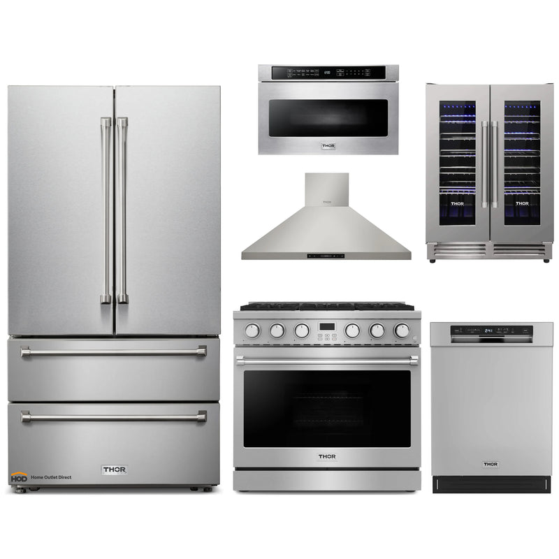 Thor Kitchen A-Series 6-Piece Appliance Package - 36-Inch Gas Range, Wall Mount Range Hood, Refrigerator, Dishwasher, Microwave, and Wine Cooler in Stainless Steel