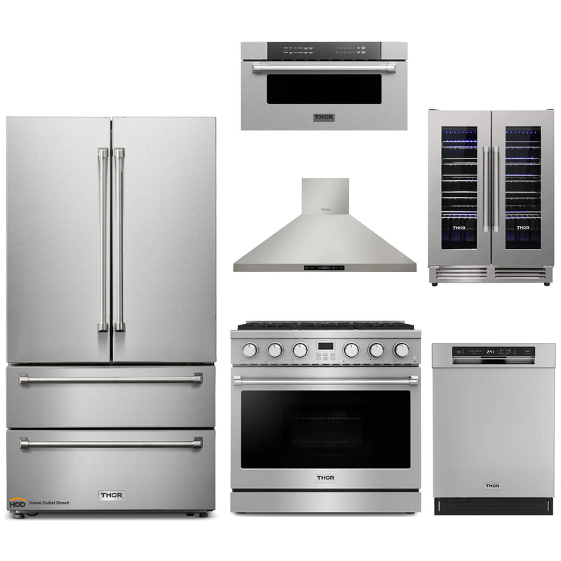 Thor Kitchen A-Series 6-Piece Appliance Package - 36-Inch Gas Range, Wall Mount Range Hood, Refrigerator, Dishwasher, Microwave and Wine Cooler in Stainless Steel