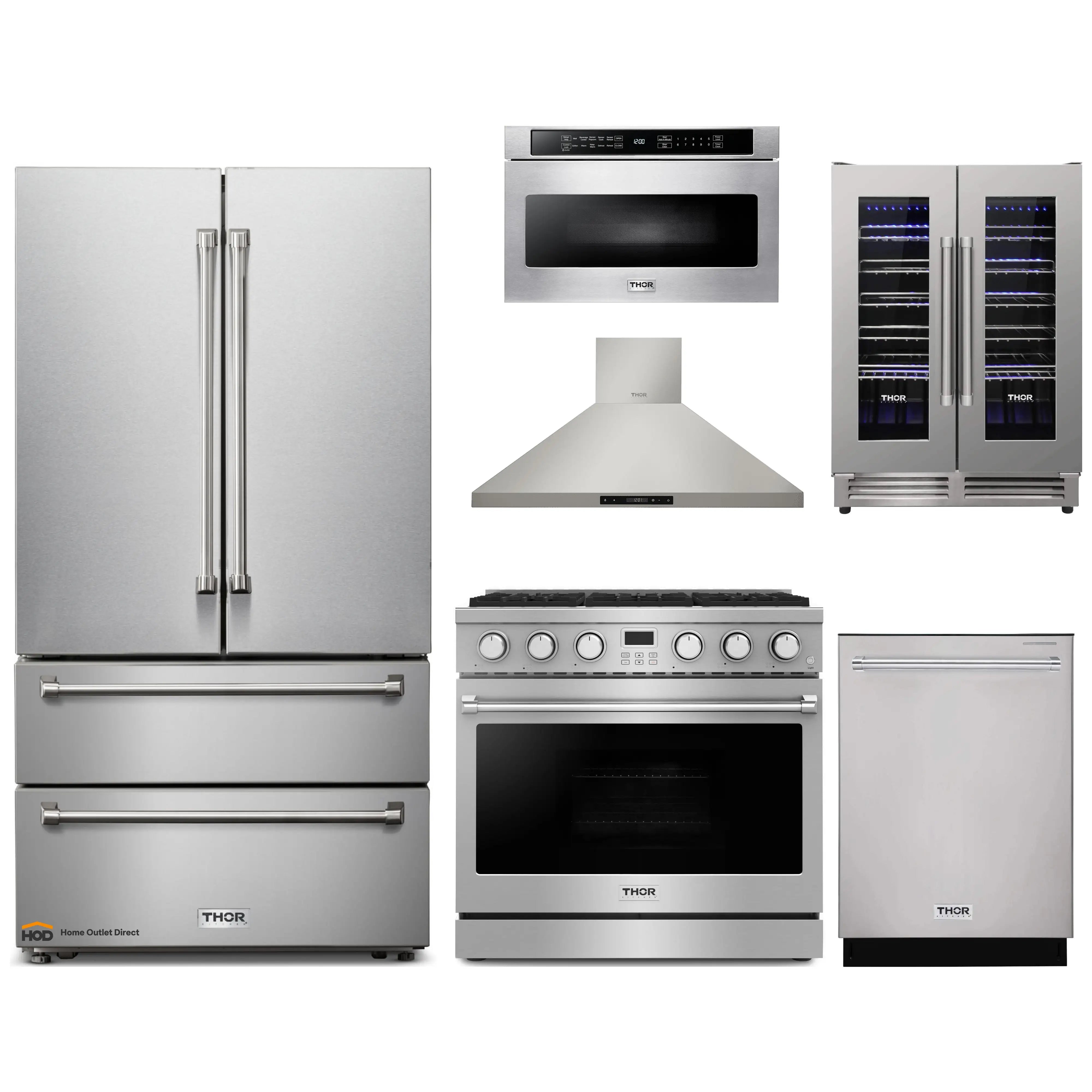 Thor Kitchen A-Series 6-Piece Appliance Package - 36-Inch Gas Range, Wall Mount Range Hood, Refrigerator, Dishwasher, Microwave, and Wine Cooler in Stainless Steel