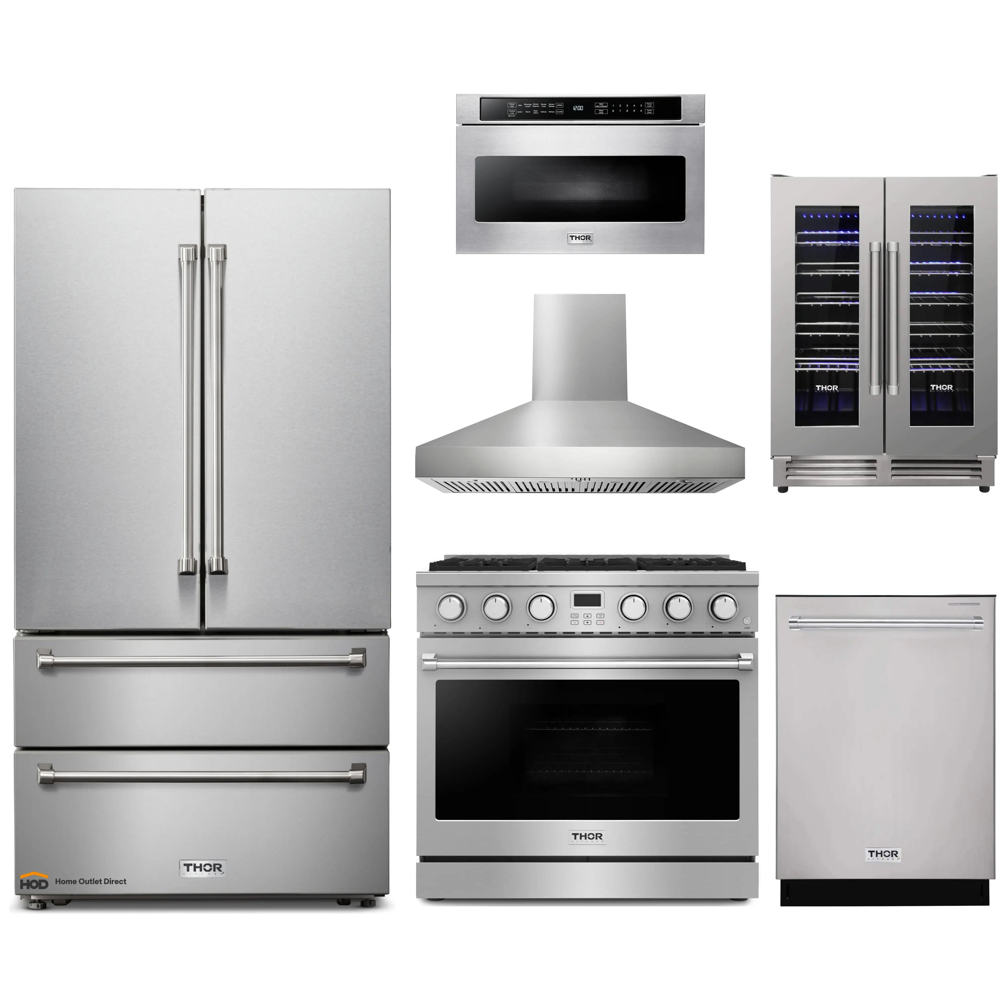 Thor Kitchen A-Series 6-Piece Appliance Package - 36-Inch Gas Range, Pro-Style Wall Mount Range Hood, Refrigerator, Dishwasher, Microwave, and Wine Cooler in Stainless Steel