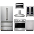 Thor Kitchen A-Series 6-Piece Appliance Package - 36-Inch Propane Gas Range, Pro-Style Wall Mount Range Hood, Refrigerator, Dishwasher, Microwave, and Wine Cooler in Stainless Steel