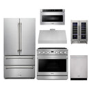 Thor Kitchen A-Series 6-Piece Appliance Package - 36-Inch Gas Range, Under Cabinet Range Hood, Refrigerator, Dishwasher, Microwave, and Wine Cooler in Stainless Steel