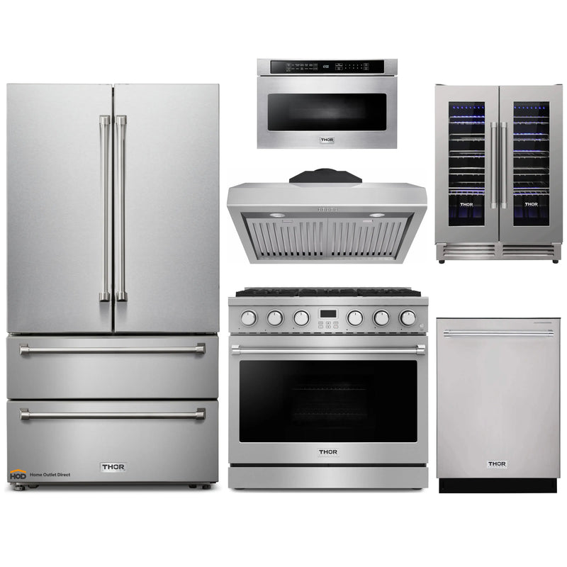 Thor Kitchen A-Series 6-Piece Appliance Package - 36-Inch Gas Range, Under Cabinet Range Hood, Refrigerator, Dishwasher, Microwave, and Wine Cooler in Stainless Steel