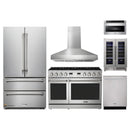Thor Kitchen A-Series 6-Piece Appliance Package - 48-Inch Propane Gas Range, Pro-Style Wall Mount Range Hood, Refrigerator, Dishwasher, Microwave, and Wine Cooler in Stainless Steel