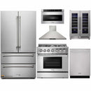 Thor Kitchen 6-Piece Pro Appliance Package - 36-Inch Dual Fuel Range with Propane Gas Cooktop , French Door Refrigerator, Wall Mount Hood, Dishwasher, Microwave Drawer, & Wine Cooler in Stainless Steel