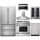 Thor Kitchen 6-Piece Pro Appliance Package - 36-Inch Dual Fuel Range with Propane Gas Cooktop , French Door Refrigerator, Pro-Style Wall Mount Hood, Dishwasher, Microwave Drawer, & Wine Cooler in Stainless Steel