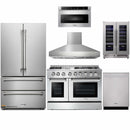 Thor Kitchen 6-Piece Pro Appliance Package - 48-Inch Dual Fuel Range with Propane Gas Cooktop , French Door Refrigerator, Dishwasher, Pro Wall Mount Hood, Microwave Drawer, & Wine Cooler in Stainless Steel