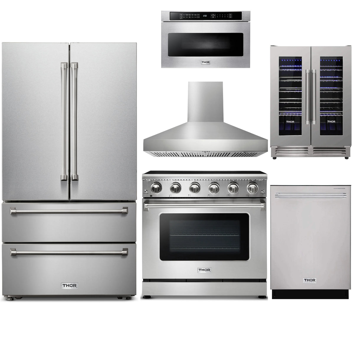 Thor stainless steel 6-piece appliance package with refrigerator, range, hood, and drawers