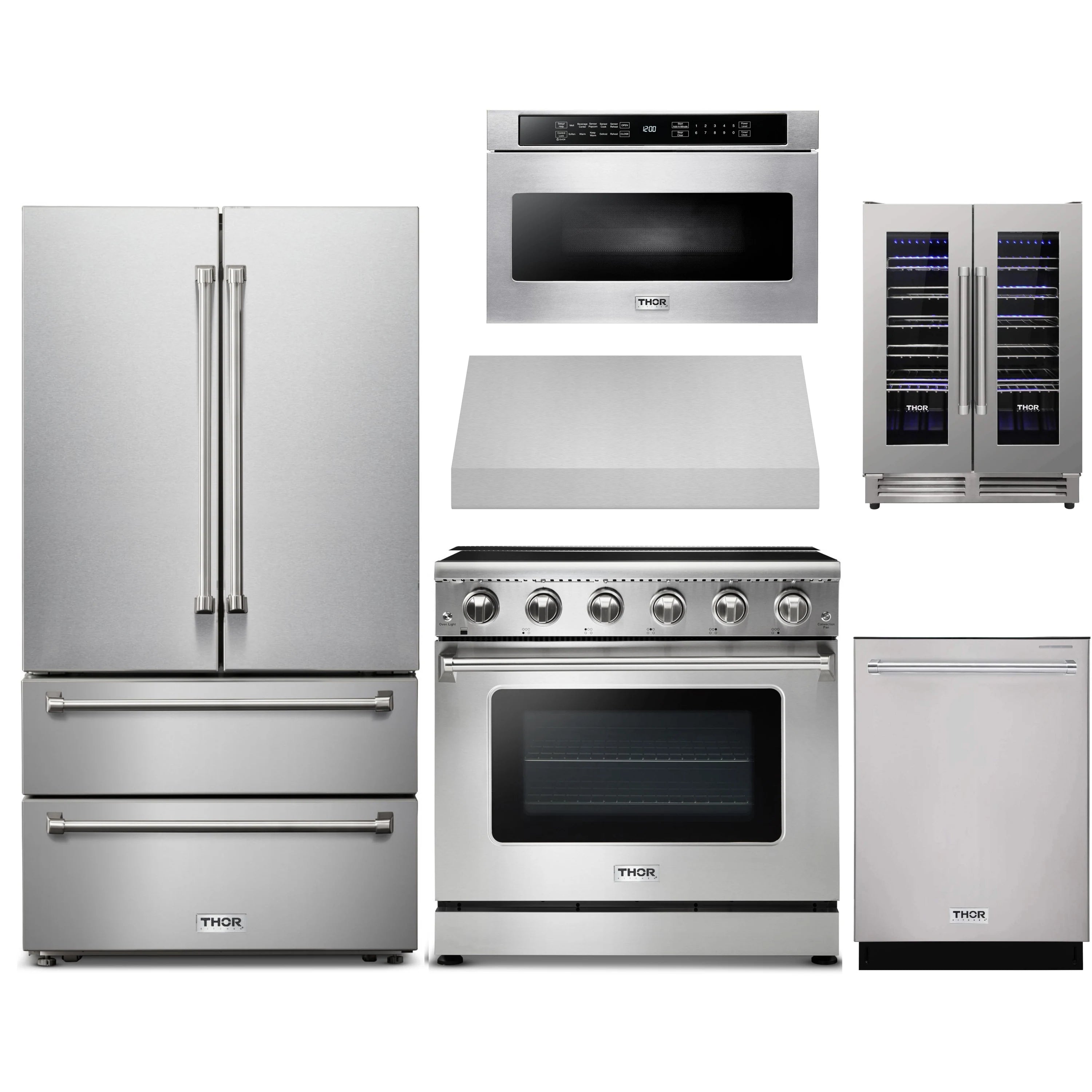 Stainless appliance set with French door refrigerator, electric range, and under-cabinet hood