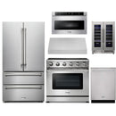 Thor Kitchen 6-Piece Appliance Package - 36-Inch Electric Range, French Door Refrigerator, Under Cabinet Hood, Dishwasher, Microwave Drawer, & Wine Cooler in Stainless Steel