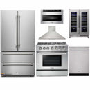 Thor Kitchen 6-Piece Pro Appliance Package - 36-Inch Propane Gas Range, French Door Refrigerator, Wall Mount Hood, Dishwasher, Microwave Drawer, & Wine Cooler in Stainless Steel