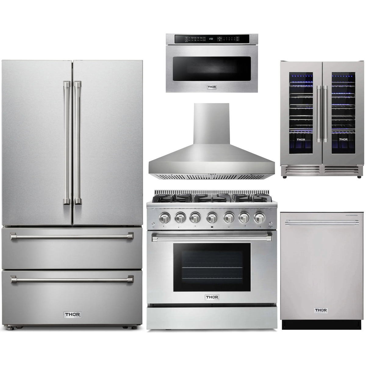 Thor stainless appliance package with French door fridge, gas range, hood, and wine cooler
