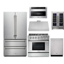 Thor Kitchen 6-Piece Pro Appliance Package - 36-Inch Gas Range, French Door Refrigerator, Under Cabinet Hood, Dishwasher, Microwave Drawer, & Wine Cooler in Stainless Steel