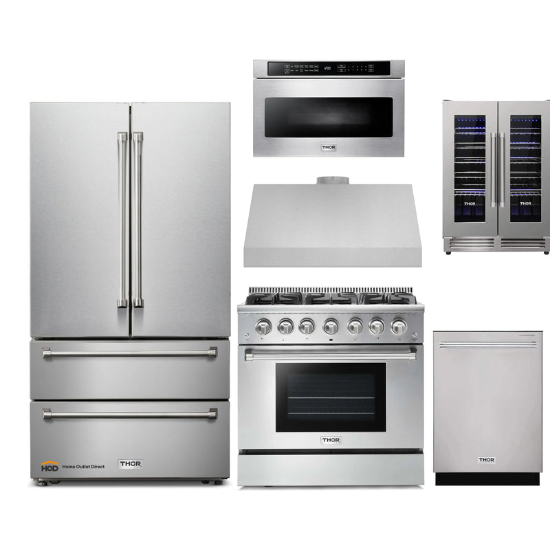 Thor Kitchen 6-Piece Pro Appliance Package - 36-Inch Propane Gas Range, French Door Refrigerator, Under Cabinet Hood, Dishwasher, Microwave Drawer, & Wine Cooler in Stainless Steel