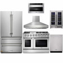 Thor Kitchen 6-Piece Pro Appliance Package - 48-Inch Propane Gas Range, French Door Refrigerator, Dishwasher, Pro Wall Mount Hood, Microwave Drawer, & Wine Cooler in Stainless Steel