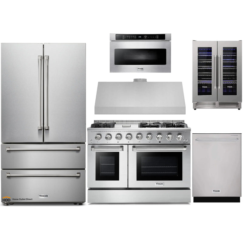 Thor Kitchen 6-Piece Pro Appliance Package - 48-Inch Propane Gas Range, French Door Refrigerator, Dishwasher, Under Cabinet 11-Inch Tall Hood, Microwave Drawer, & Wine Cooler in Stainless Steel