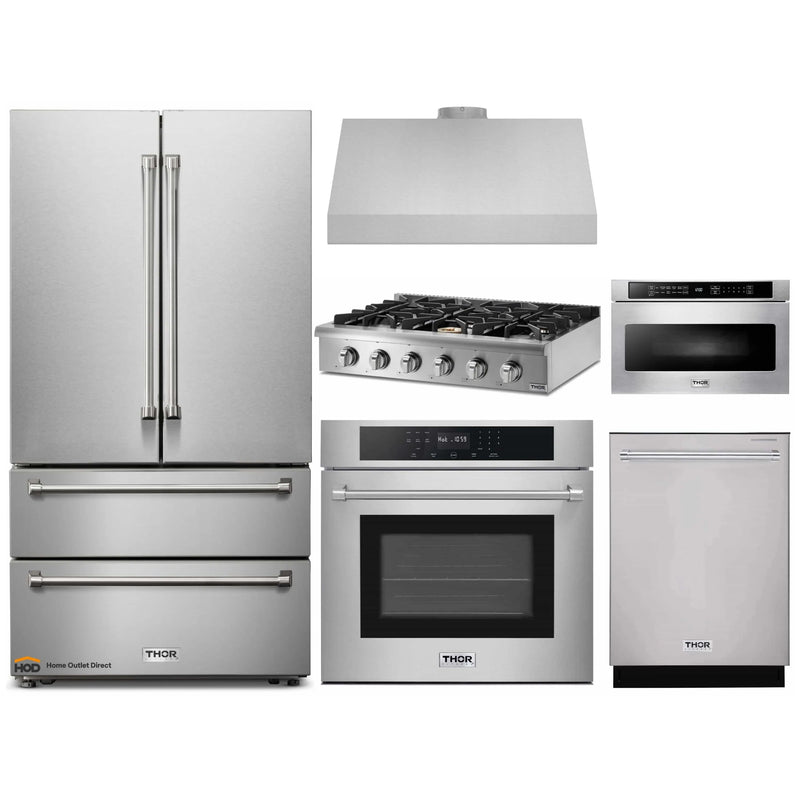 Thor Kitchen 6-Piece Pro Appliance Package - 36-Inch Rangetop, Electric Wall Oven, Under Cabinet Hood, Refrigerator, Dishwasher, & Microwave in Stainless Steel