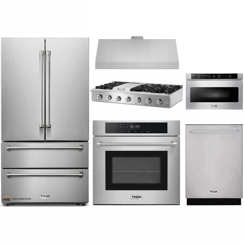 Thor Kitchen 6-Piece Pro Appliance Package - 48-Inch Rangetop, Electric Wall Oven, Under Cabinet 11-Inch Tall Hood, Refrigerator, Dishwasher, & Microwave Drawer in Stainless Steel
