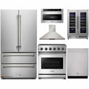 Thor Kitchen 6-Piece Appliance Package - 30-Inch Propane Gas Range, French Door Refrigerator, Wall Mount Hood, Dishwasher, Microwave Drawer, and Wine Cooler in Stainless Steel