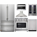 Thor Kitchen 6-Piece Appliance Package - 36-Inch Propane Gas Range, French Door Refrigerator, Wall Mount Hood, Dishwasher, Microwave Drawer, & Wine Cooler in Stainless Steel