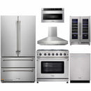 Thor Kitchen 6-Piece Appliance Package - 36-Inch Propane Gas Range, French Door Refrigerator, Pro-Style Wall Mount Hood, Dishwasher, Microwave Drawer, & Wine Cooler in Stainless Steel