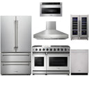 Thor Kitchen 6-Piece Appliance Package - 48-Inch Gas Range, French Door Refrigerator, Pro Wall Mount Hood, Dishwasher, Microwave Drawer, and Wine Cooler in Stainless Steel