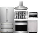 Thor Kitchen 6-Piece Pro Appliance Package - 36-Inch Gas Cooktop, Electric Wall Oven, Pro-Style Wall Mount Hood, Refrigerator, Dishwasher & Microwave Drawer in Stainless Steel