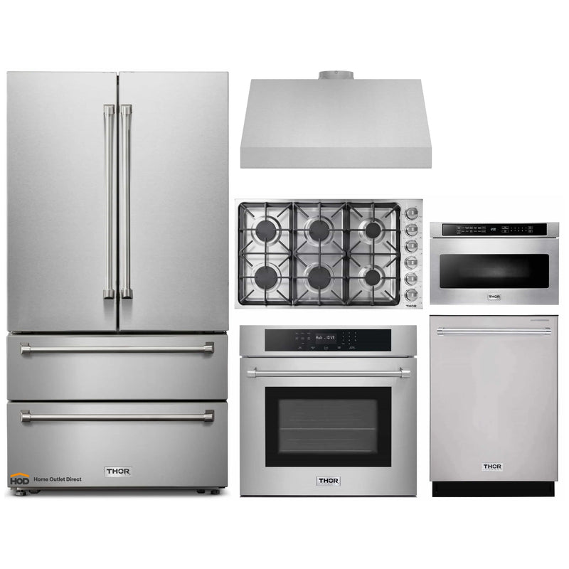 Thor Kitchen 6-Piece Pro Appliance Package - 36-Inch Gas Cooktop, Electric Wall Oven, Under Cabinet Hood, Refrigerator, Dishwasher & Microwave Drawer in Stainless Steel